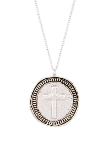 Embossed Cross Pendant Long Necklace