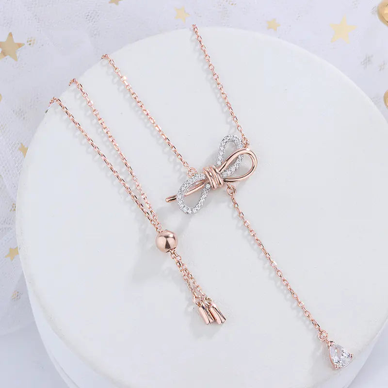 S925 Silver Bow Necklace with Diamond Accents for Women