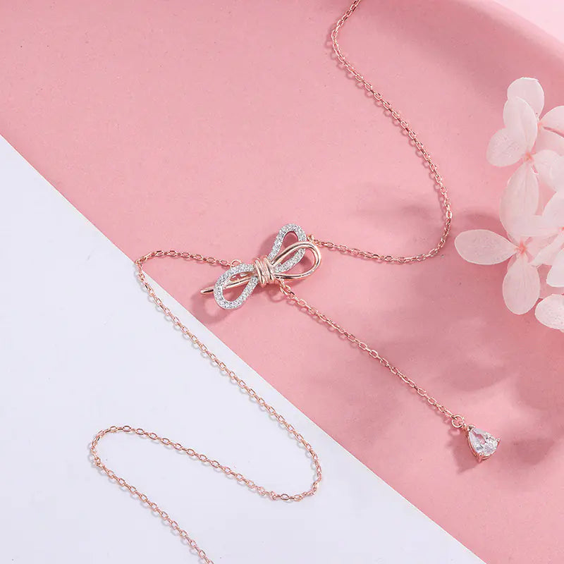 S925 Silver Bow Necklace with Diamond Accents for Women