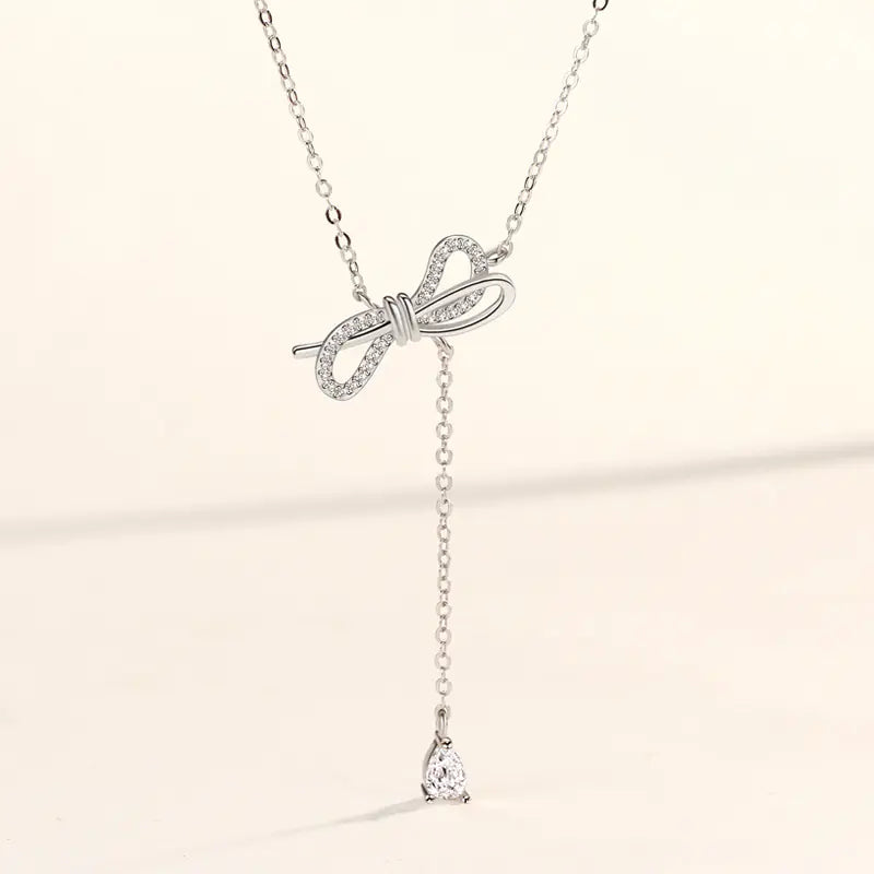 S925 Silver Bow Necklace with Diamond Accents for Women