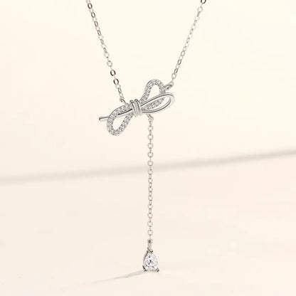 S925 Silver Bow Necklace with Diamond Accents for Women