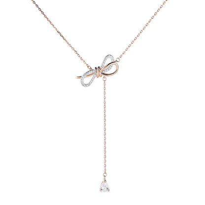 S925 Silver Bow Necklace with Diamond Accents for Women