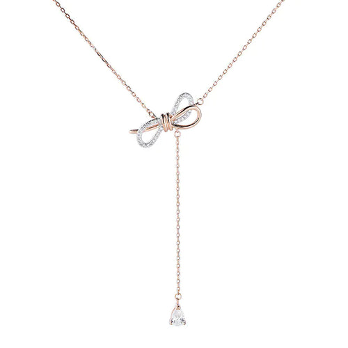 S925 Silver Bow Necklace with Diamond Accents for Women