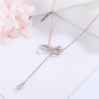 S925 Silver Bow Necklace with Diamond Accents for Women